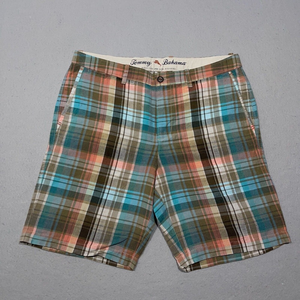 Tommy Bahama Plaid Shorts Men Size 35 Flat Front Linen Blend Coastal Casual